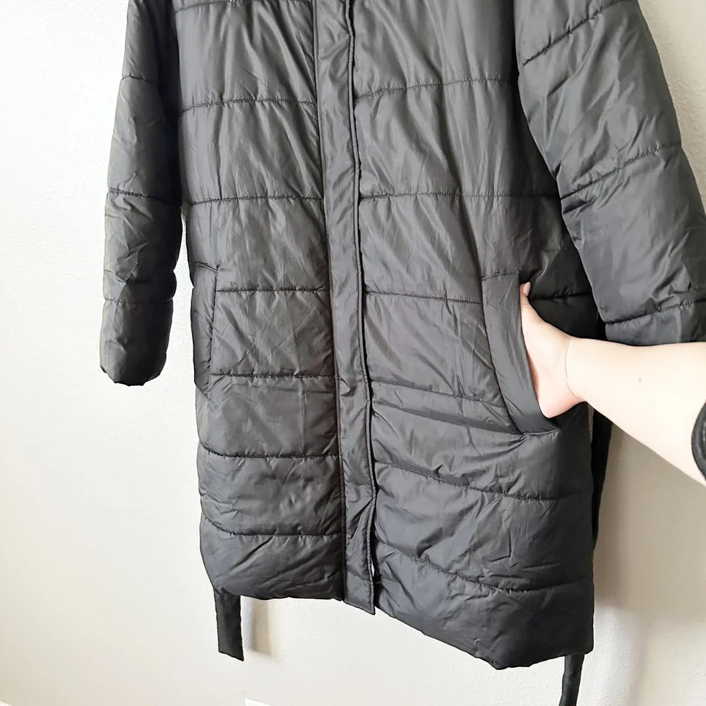 Ann Taylor Black Puffer Coat Blonde Faux Fur Collar Belted Quilted Jacket XL XXL